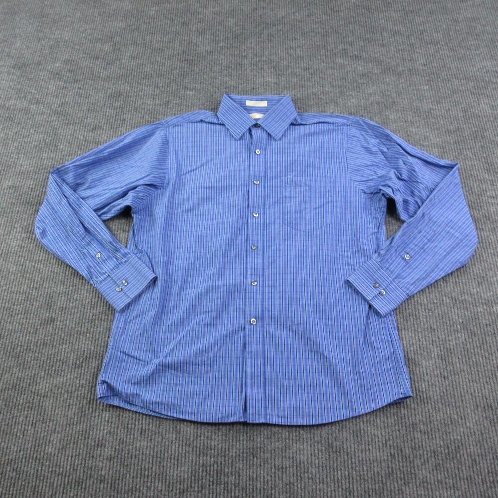Michael Kors Dress Shirt Mens Large 16.5 36/37 Blue Striped Point Collar
